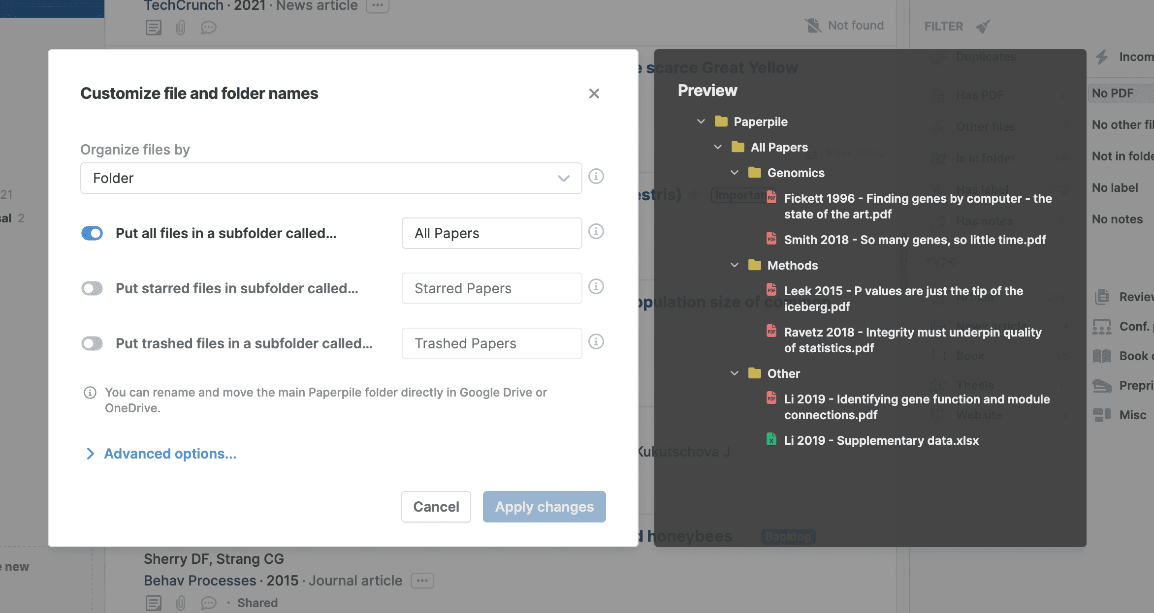 The Customize file and folder names dialog with Organize files by set to Folder and “Put all files in a subfolder called… All Papers” switched on, beside a preview of the resulting Paperpile › All Papers › Genomics/Methods/Other tree.